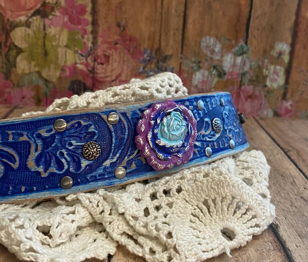 Blue & Purple Rose Leather Cuff Bracelet Rose Bracelet. Concho Jewelry