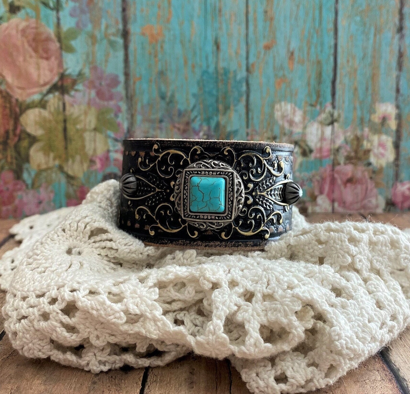 Turquoise & Silver Southwestern Concho Black Leather Cuff Bracelet 
