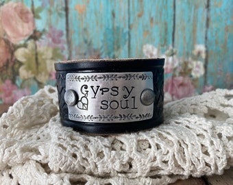 Gypsy Soul Hand Stamped Black Leather Cuff Bracelet. Boho Free Spirit Jewelry.