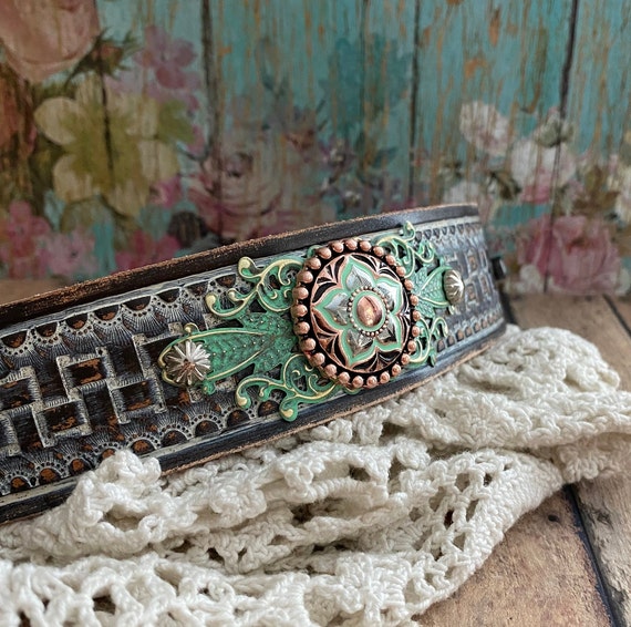 thumbnail image 2 of Handmade Southeast Tribal Flower Concho Leather Cuff Bracelet – Adjustable Black Wristband For Men 2 of 6