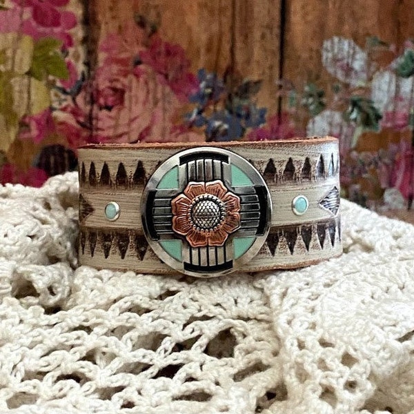 Copper and Blue Flower Concho on Cream Leather Cuff Bracelet> Wristband/ Bangle/ Southwestern/ Boho Bracelet/ Western Bracelet/ Feminine