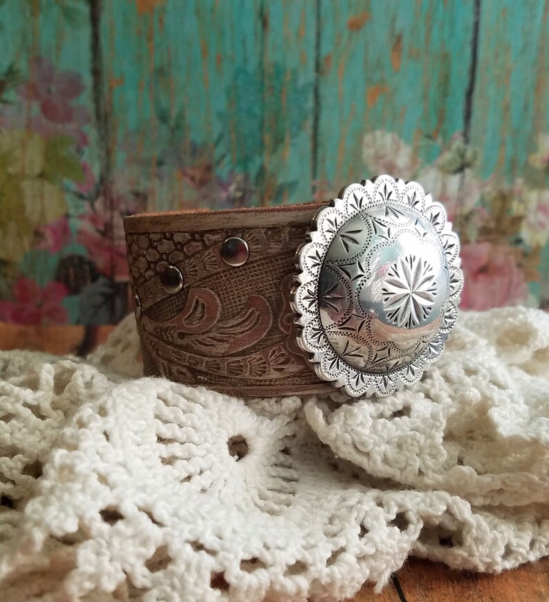 Silver Sunburst Concho Leather Cuff Bracelet Metallic Leather Bracelet Country Jewelry Southwestern Boho Chic Gypsy Cowgirl Floral