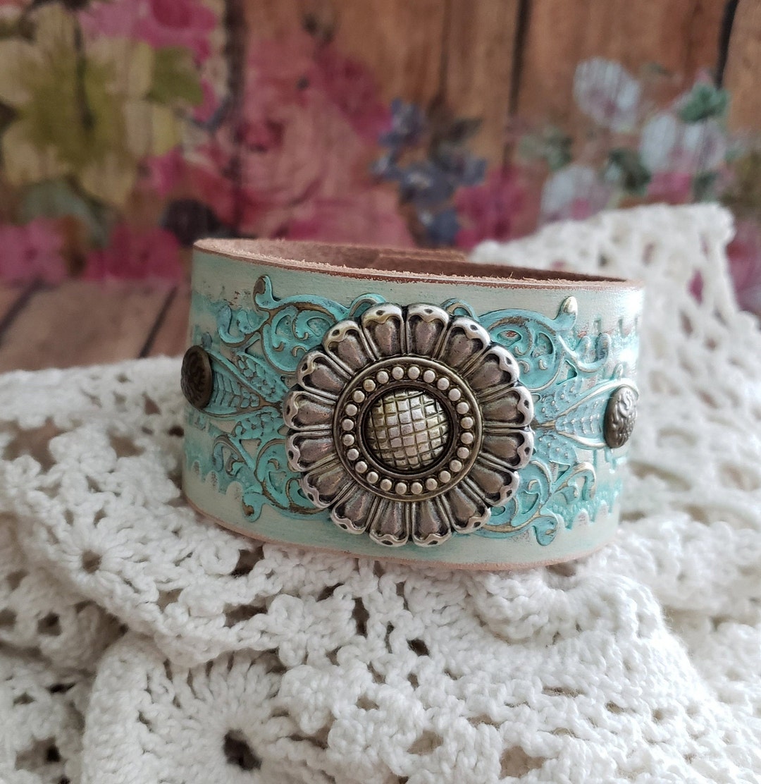 thumbnail image 2 of Handmade Southeast Tribal Flower Concho Leather Cuff Bracelet – Adjustable Black Wristband For Men 2 of 6