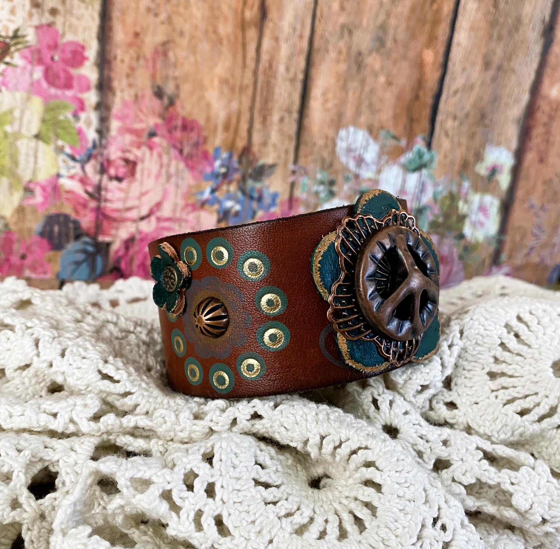 Peace Sign Leather Cuff Bracelet, Teal Flower, Boho Hippie Style