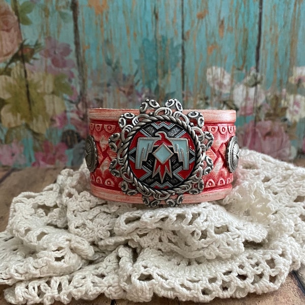 Red & Blue Thunderbird Leather Cuff Bracelet> Leather Wristband. Native Style. Southwestern Jewelry. Boho Bracelet. Country Western Jewelry