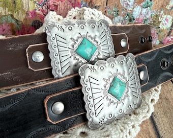 Western Wide Leather Cuff with Large Turquoise & Silver Concho/ Festival Statement Jewelry/