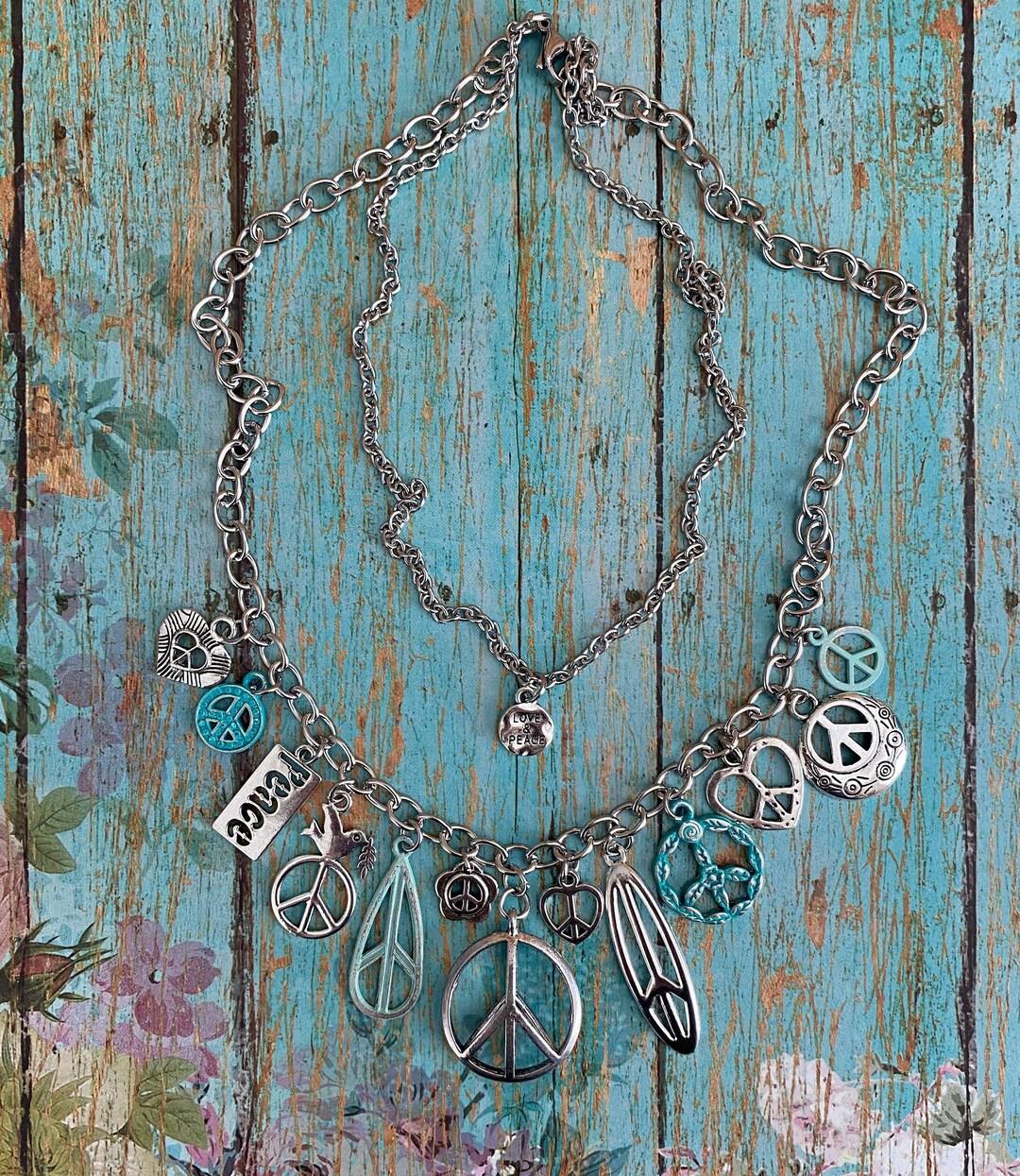 thumbnail image 2 of Hippie Anti-War Peace Sign Love Charm On 22" 925 Sterling Silver Plated Necklace 2 of 6