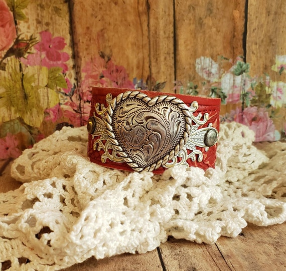 Silver Heart Concho Distressed Red Leather Cuff Bracelet/ Rustic Silver Filigree/ Gift For Her/