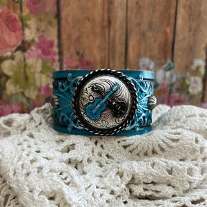 Turquoise & Black Leather Guitar Bracelet&gt; Leather Cuff Bracelet. Guitar Jewelry. Musician Jewelry. Guitarist Jewelry. Rock and Roll Jewelry