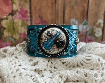 Guitar Concho Turquoise Leather Guitar Cuff Bracelet/ Rock and Roll Jewelry/ Musician Guitarist Gift/