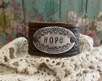 Hand Stamped Leather Cuff Bracelet: "Hope"/ Inspirational Jewelry/