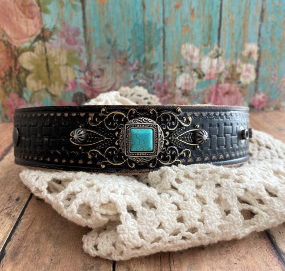 Turquoise & Silver Southwestern Concho Black Leather Cuff Bracelet 