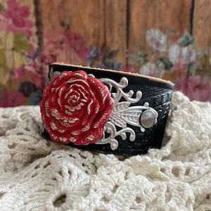 Red Rose Flower Concho Black Leather Cuff Bracelet&gt; Rose Bracelet. Concho Jewelry. Leather Wristband. Leather Bracelet. Modern Vintage