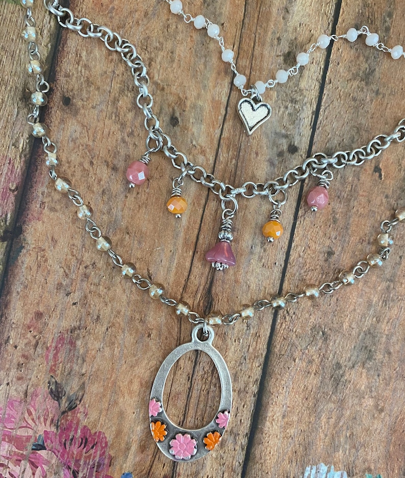 Collier de fleurs rose et orange 3 couches Collier en cascade multicouche. Collier de fleurs. Pendentif fleur. Collier superposé. Danse du soleil image 4