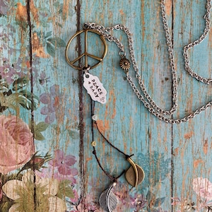 Long Peace Sign Necklace, Boho Charm with Leaf Accents
