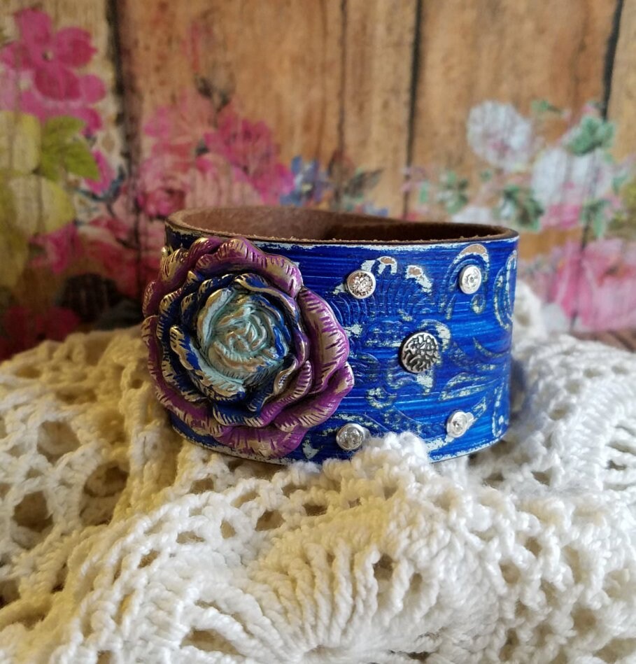 Blue & Purple RoSe Leather Cuff Bracelet Rose Bracelet. Etsy