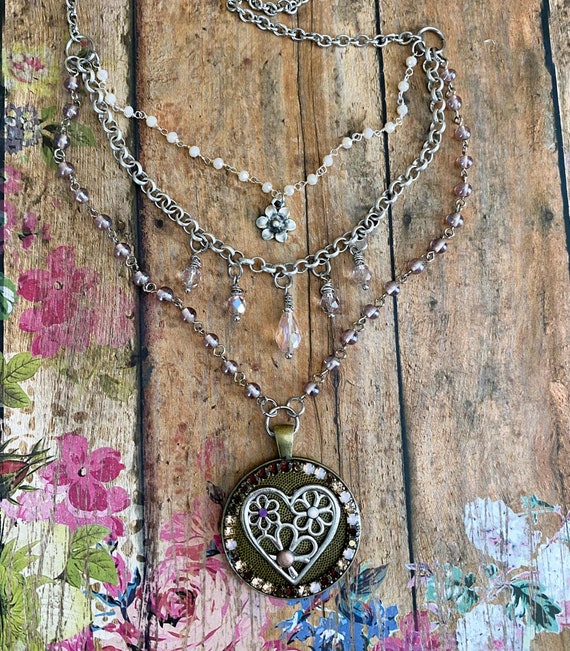 Heart Necklace Lavender Multi Strand Pendant Necklace