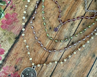 Silver Dandelion Flower Medallion Layered Necklace/ Beaded Boho Style/ Festival Fashion/