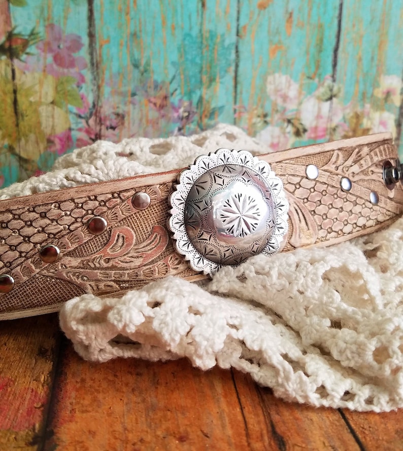 Silver Sunburst Concho Leather Cuff Bracelet Metallic Leather Bracelet Country Jewelry Southwestern Boho Chic Gypsy Cowgirl Floral
