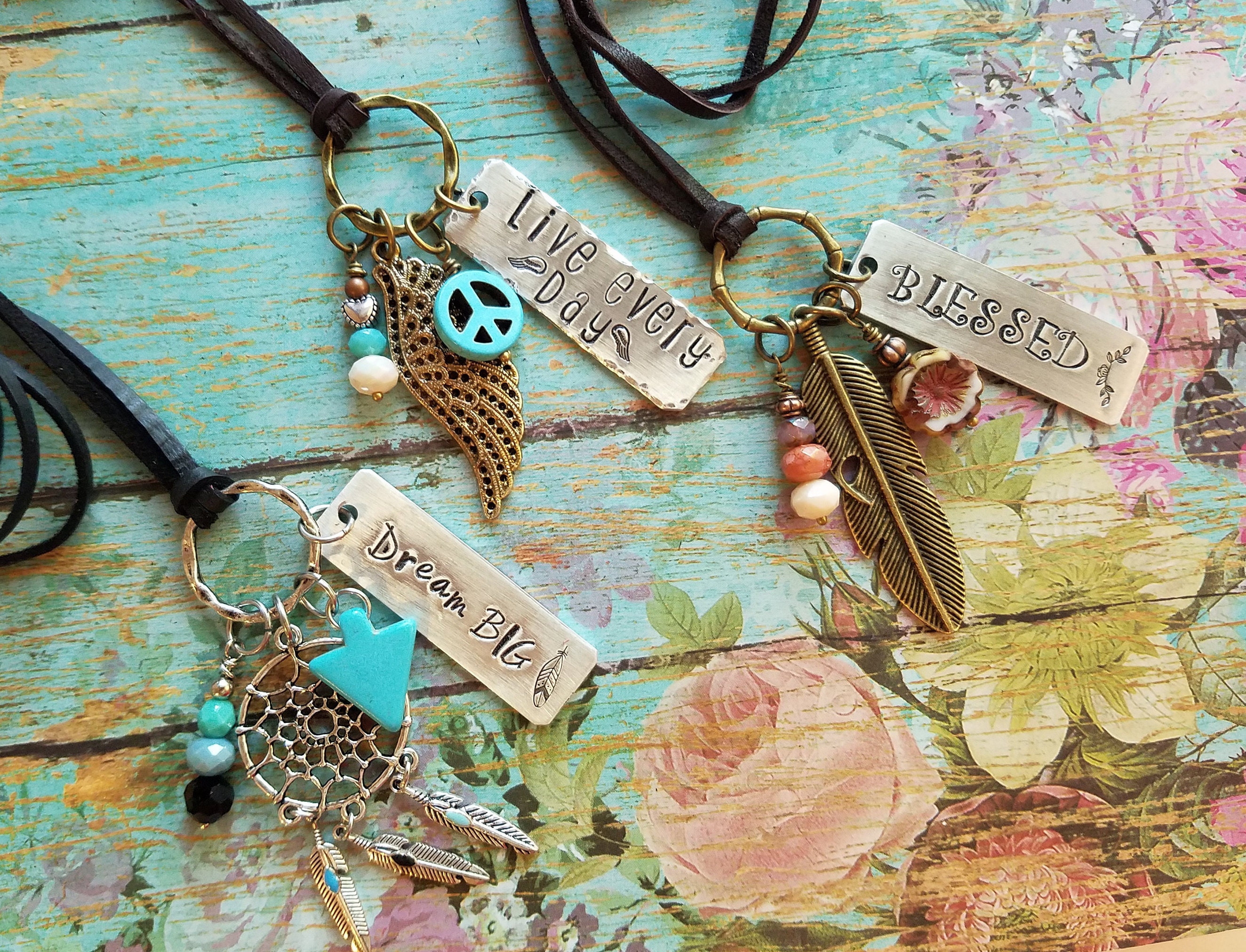 Hand Stamped Charm Necklace Mantra Jewelry/ Long Boho Etsy