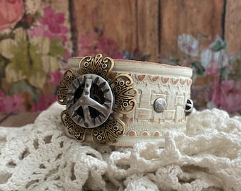 Off White Leather Peace Sign Cuff Bracelet: Tooled Hippie Jewelry