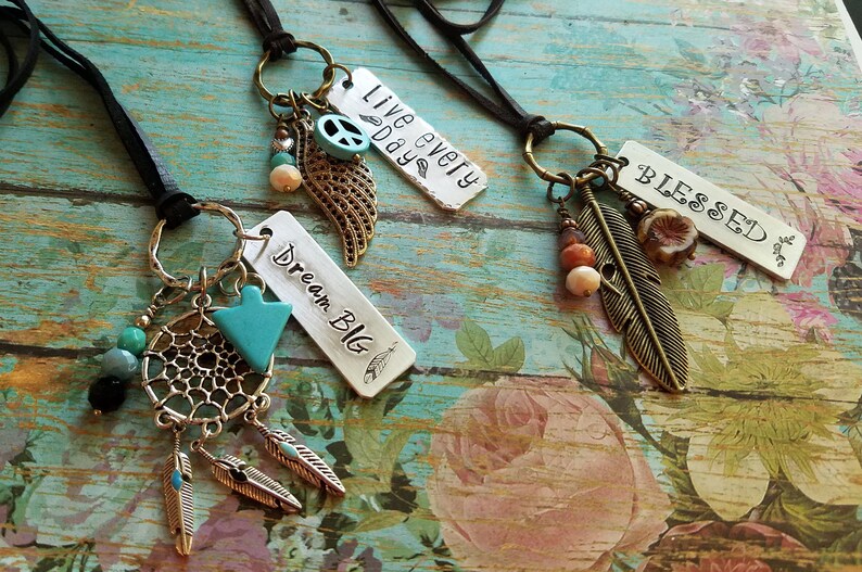 Hand Stamped Charm Necklace Mantra Jewelry/ Long Boho Etsy