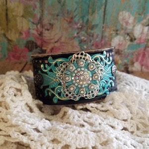 Rhinestone Flower Leather Western Cowgirl Cuff Bracelet, Turquoise & Black, Rustic Glam