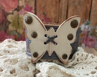 Creamy White & Silver Leather Butterfly Cuff Bracelet. Rustic Boho Jewelry. Remembrance Jewelry.