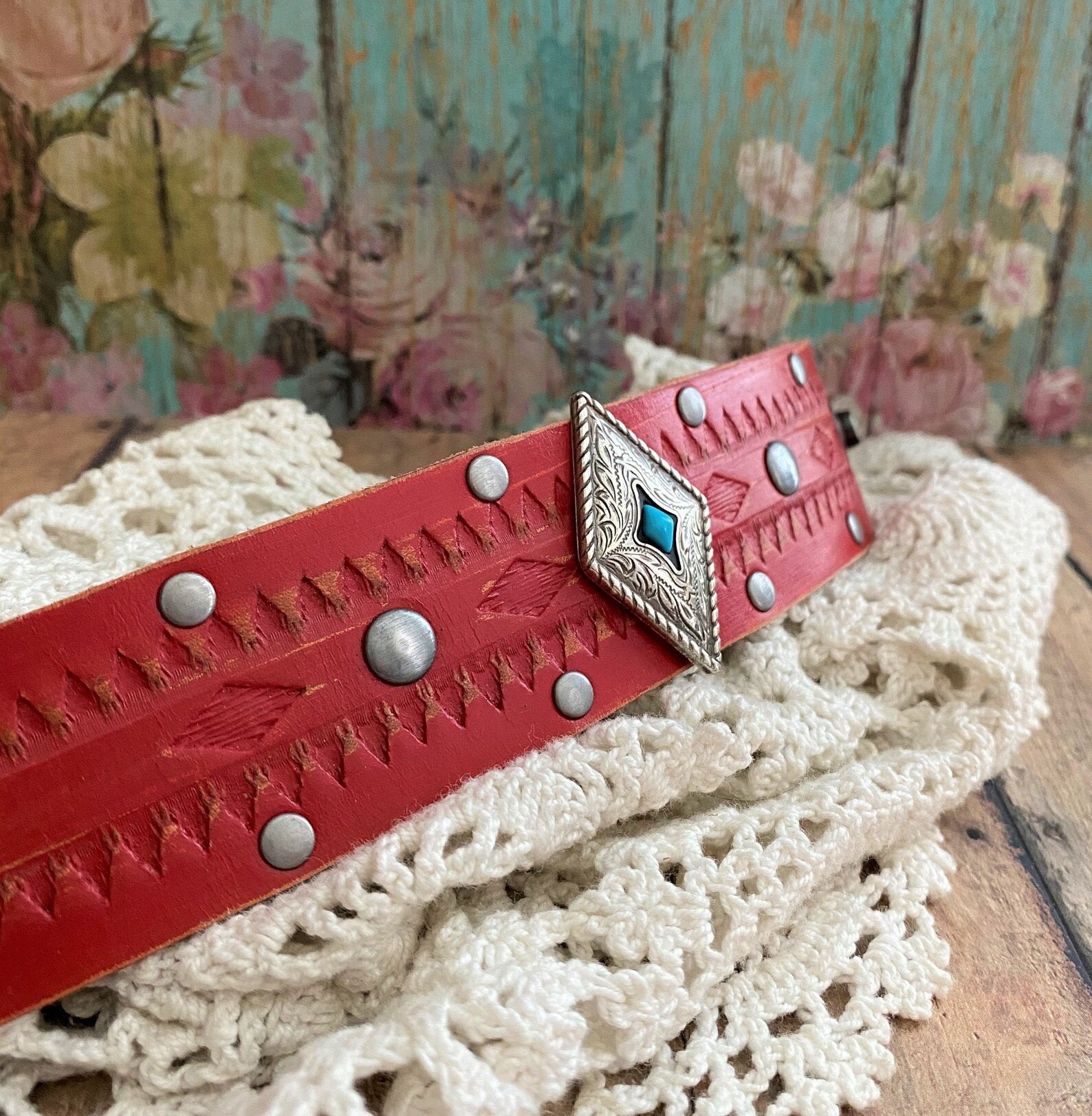 Red Leather Cuff Bracelet Turquoise Concho Jewelry. Etsy