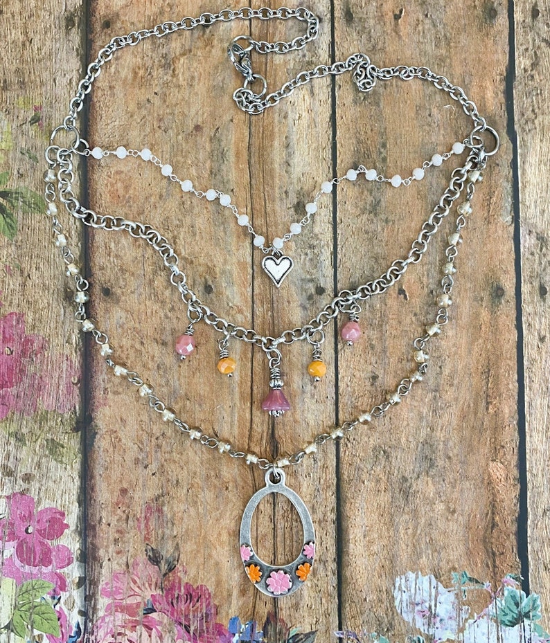 Collier de fleurs rose et orange 3 couches Collier en cascade multicouche. Collier de fleurs. Pendentif fleur. Collier superposé. Danse du soleil image 1