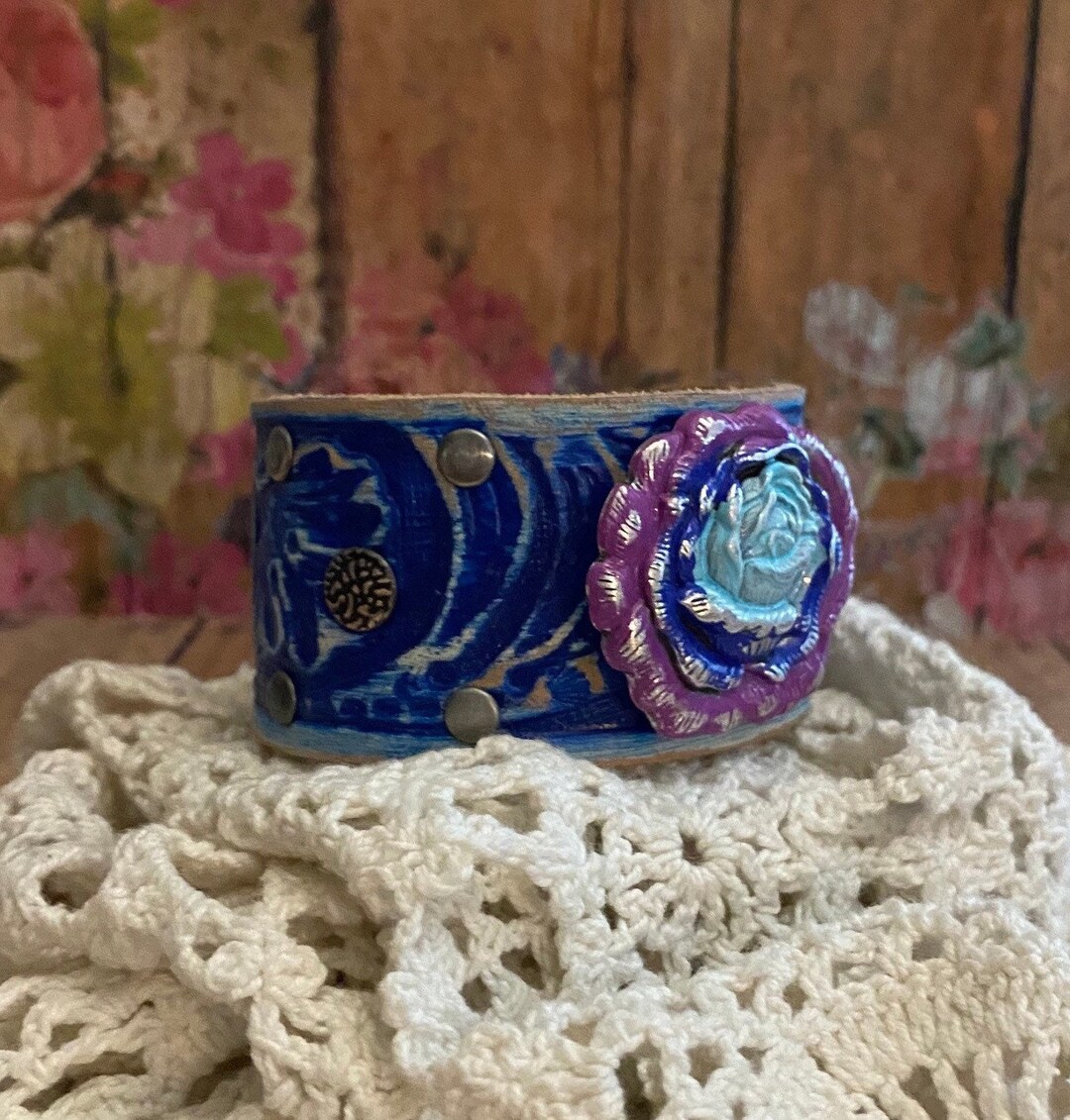 Blue & Purple Rose Leather Cuff Bracelet Rose Bracelet. Etsy