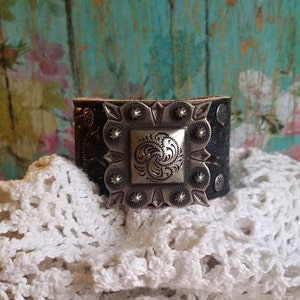 Southwestern Style Square Silver Concho Black Leather Cuff Bracelet&gt; Leather Wristband. Concho Bracelet. Country Western.  Classic Country
