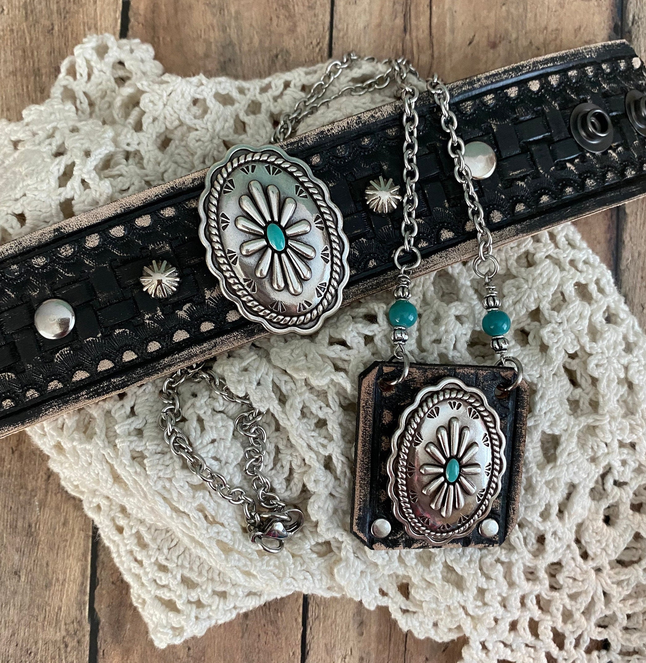 Turquoise & Silver Concho Black Leather Bracelet and 