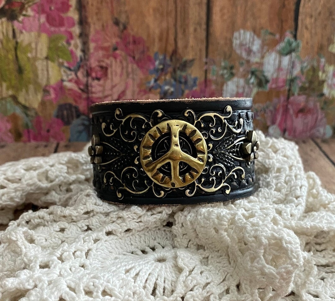 Gold Peace Sign Black Leather Cuff Bracelet, Tooled Hippie Retro