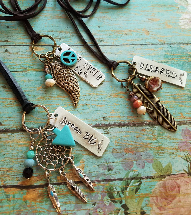 Hand Stamped Charm Necklace Mantra Jewelry/ Long Boho Etsy