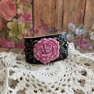 Pink Rose Flower Concho Black Leather Cuff Bracelet> Black Leather Wristband. Flower Jewelry. Rose Bracelet. Rose Jewelry. Flower Bracelet