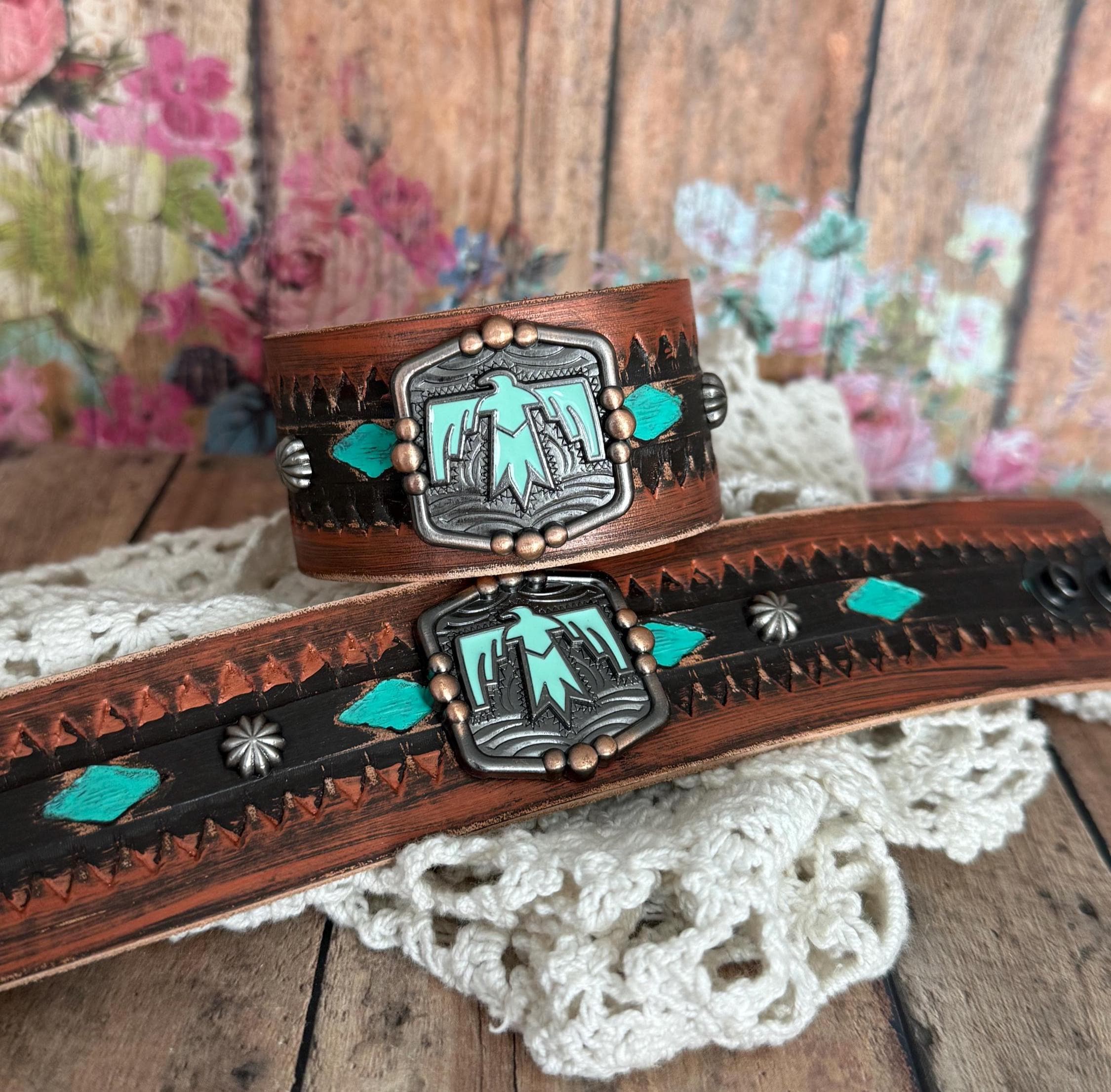 Aztec Concho Blue Beaded Black Leather Adjustable Handcrafted Vintage Black Leather And Sterling Silver  main image 3
