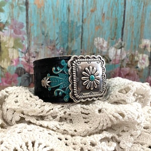 Southwestern Style Square Silver & Turquoise Concho on Black Leather Cuff Bracelet&gt; Leather Wristband. Rustic Western Style Jewelry.