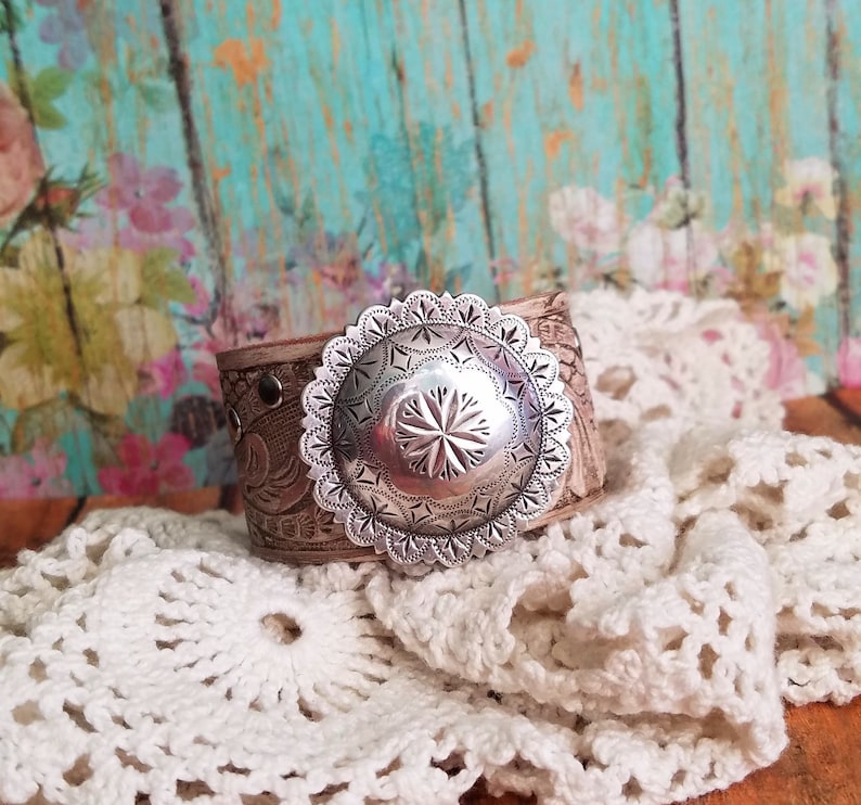 Silver Sunburst Concho Leather Cuff Bracelet Metallic Leather Bracelet Country Jewelry Southwestern Boho Chic Gypsy Cowgirl Floral