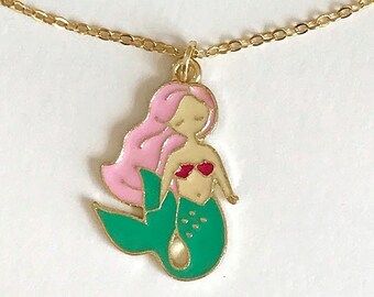Gold-tone Enamel Little Mermaid Charm Necklace - Handmade Jewelry