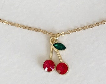 Gold-tone Cherries Rhinestone Charm Necklace: Handmade Jewelry