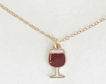 Gold-tone Wine Glass Enamel Charm Necklace - Handmade Jewelry