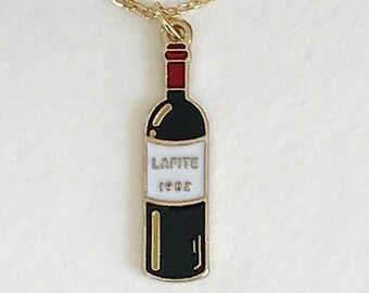 Gold-tone Wine Bottle Enamel Charm Necklace - Handmade Jewelry