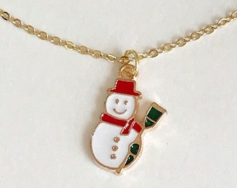 Gold-tone Enamel Snowman Charm Necklace - Handmade Jewelry