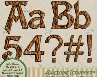 Striped Fur Animal Skin High Quality The Wild Set 7 Digital Alphabet by AwesomeScrapper 300 DPI PNGs Black and Orange Wildlife