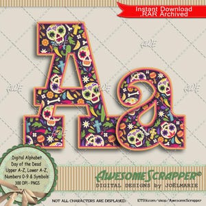 Tag der Toten Digitales Alphabet von SuperScrapper, hohe Qualität 300 DPI PNGs, Schädel, Blumen, Kaktus, Schwarz, Rosa, Grün, mexikanischer Feiertag