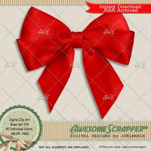 May include: A vibrant red satin bow, digitally designed, with a classic shape and stitched details. The image includes text indicating it's a digital clip art set with 40 colors, available for instant download.