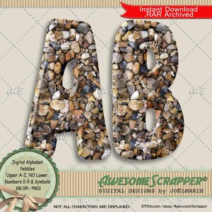 Puede incluir: Letras de alfabeto digital A y B, texturizadas con guijarros en tonos marrón, gris y beige. La imagen incluye el texto "Digital Alphabet Pebbles" y "Awesome Scrapper Digital Designs by JoëlMarie."