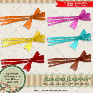 Könnte beinhalten: Digitales Clipart-Set mit Raffia-Schleifen in verschiedenen Farben: Orange, Pink, Gelb, Türkis, Rot und Braun. Jede Schleife hat ein Design mit langen, ausgefransten Enden. Der Text lautet "Digital Clipart Raffia Wraps Set 2" und "Awesome Scrapper".