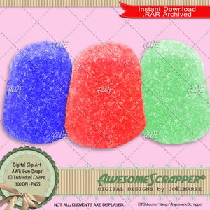 May include: Three gumdrops, one blue, one red, and one green, with a sugary, grainy texture.  Digital Clip Art AWE Gum Drops 10 Individual Colors, 300 DPI - PNGS. Instant Download .RAR Archived.